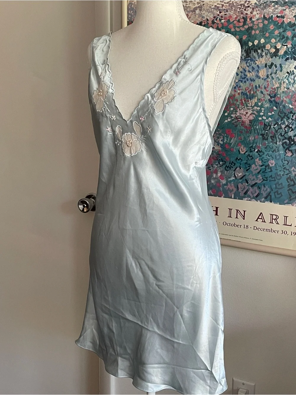 Vintage 90s Baby Blue Satin Lace Floral Slip Dress Size Small Coquette Fairy - Picture 3 of 13